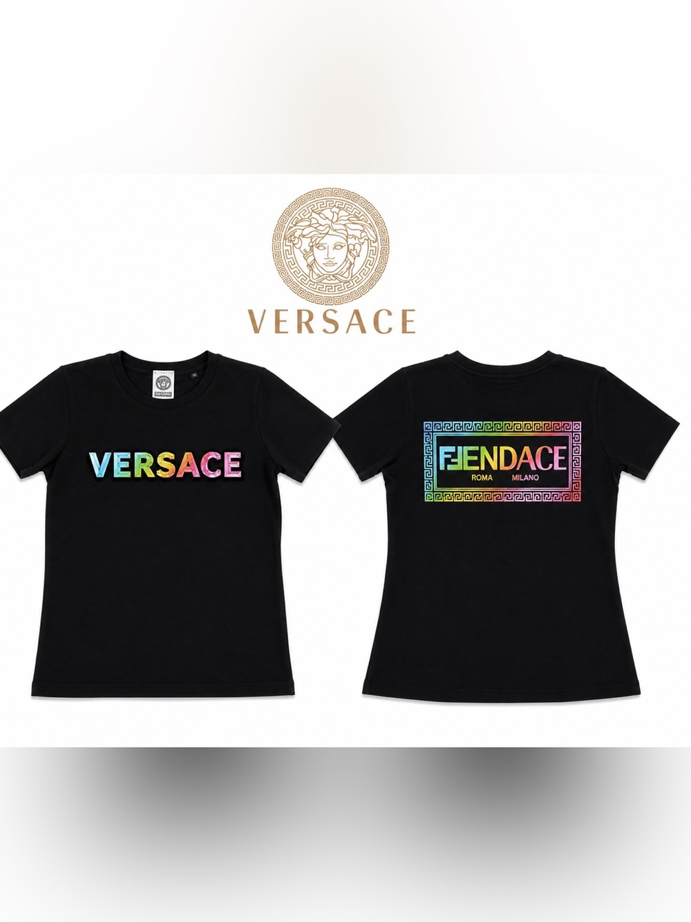 Versace Kids Black Tee with Rainbow Logo